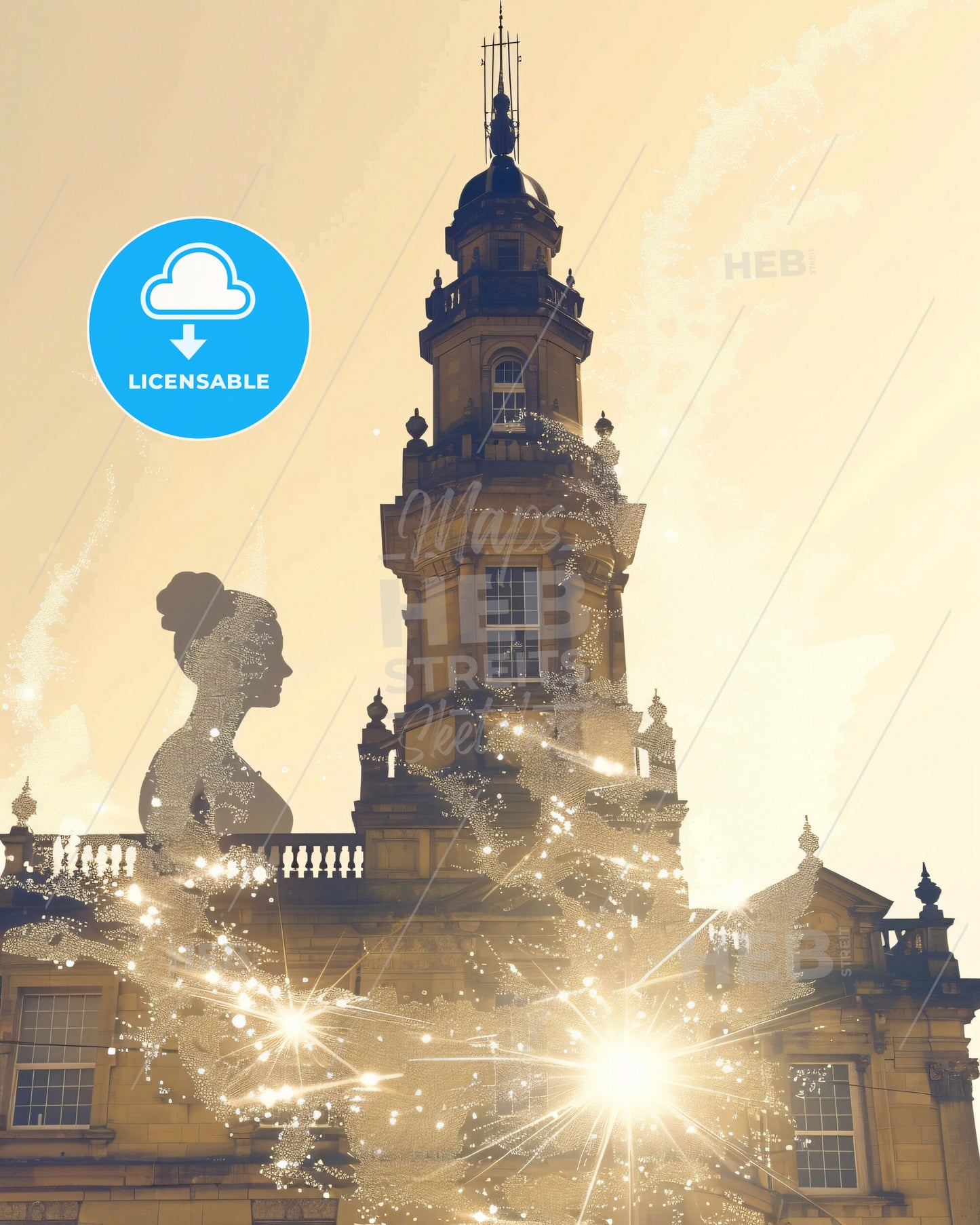 Balbriggan Skyline Cityscape Beige Sparkle Poster - A statue of a woman on a building