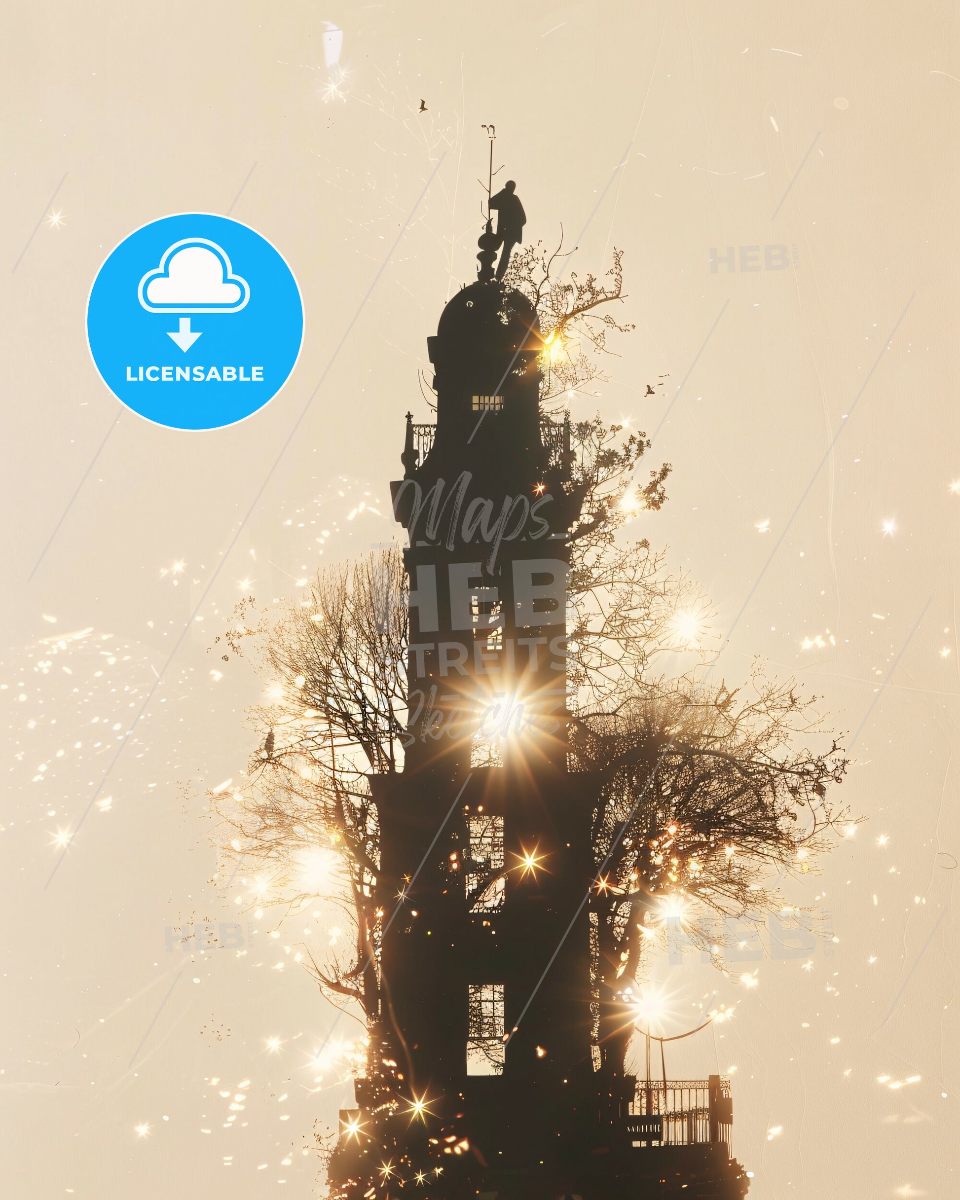 Balbriggan City Skyline Double Exposure Art - A silhouette of a tower with a person on top