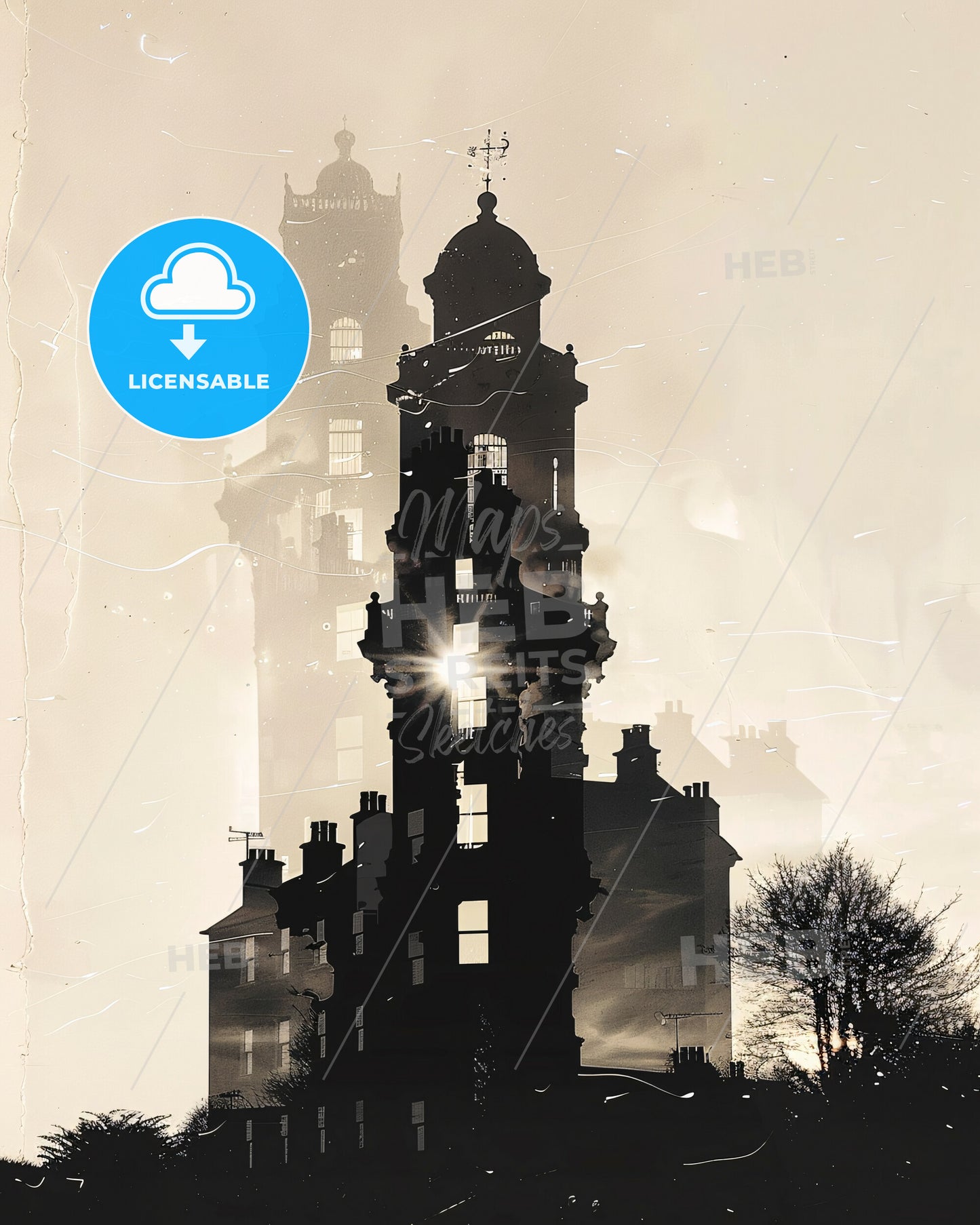 Balbriggan City Skyline Masterpiece Art Print - A building with a tower and a light shining through it