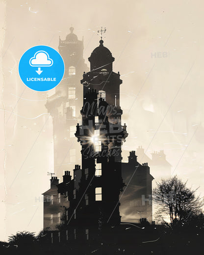 Balbriggan City Skyline Masterpiece Art Print - A building with a tower and a light shining through it