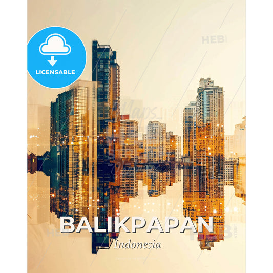 Balikpapan Skyline Double Exposure Art - A city skyline with many tall buildings reflected in water - Square format print template