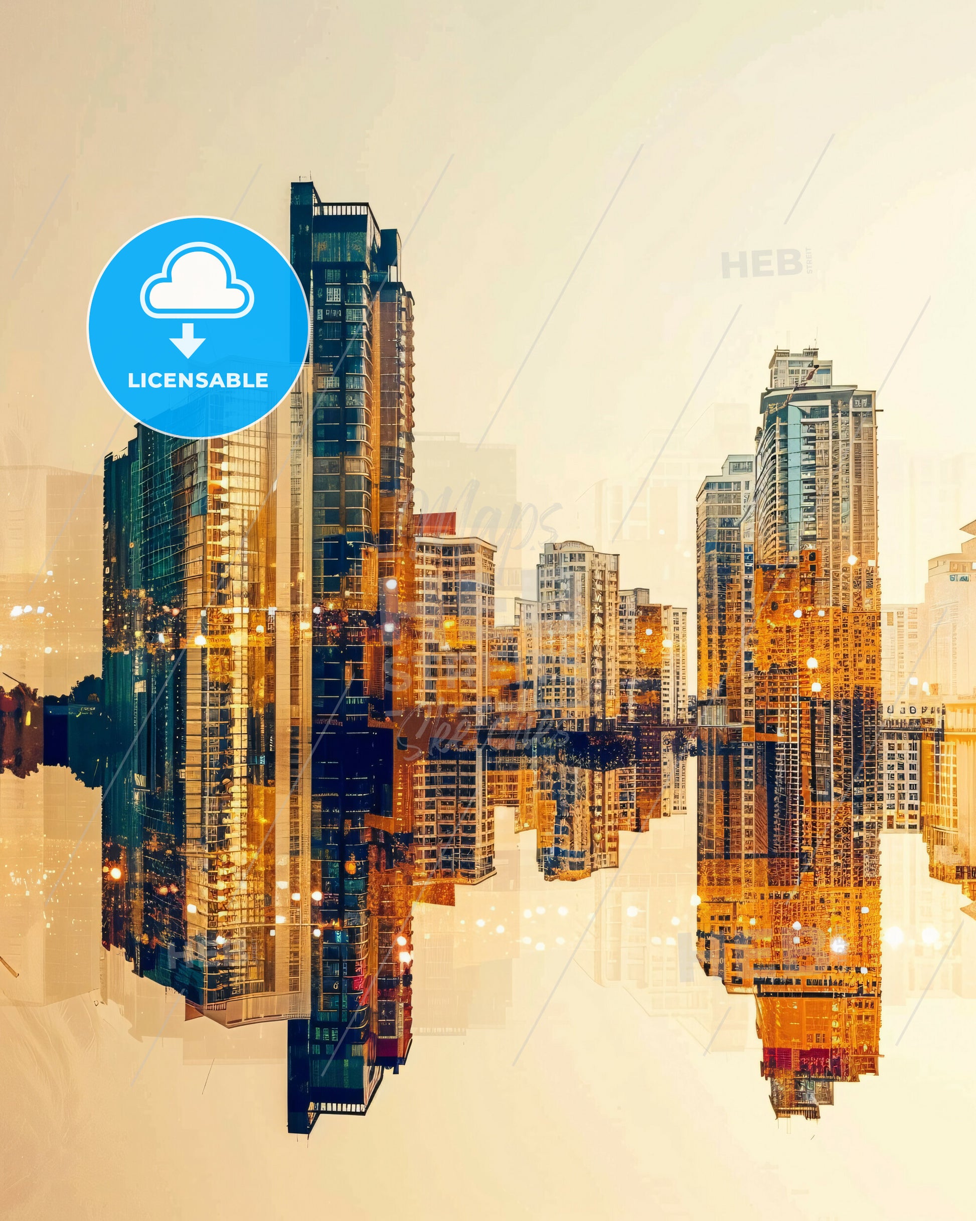 Balikpapan Skyline Double Exposure Art - A city skyline with many tall buildings reflected in water