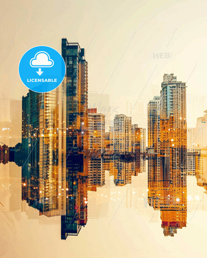 Balikpapan Skyline Double Exposure Art - A city skyline with many tall buildings reflected in water