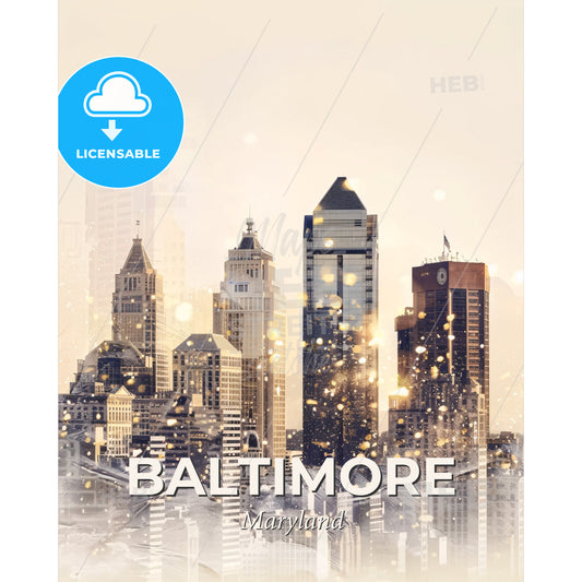 Baltimore City Skyline Art Print - A city skyline with many tall buildings - Square format print template