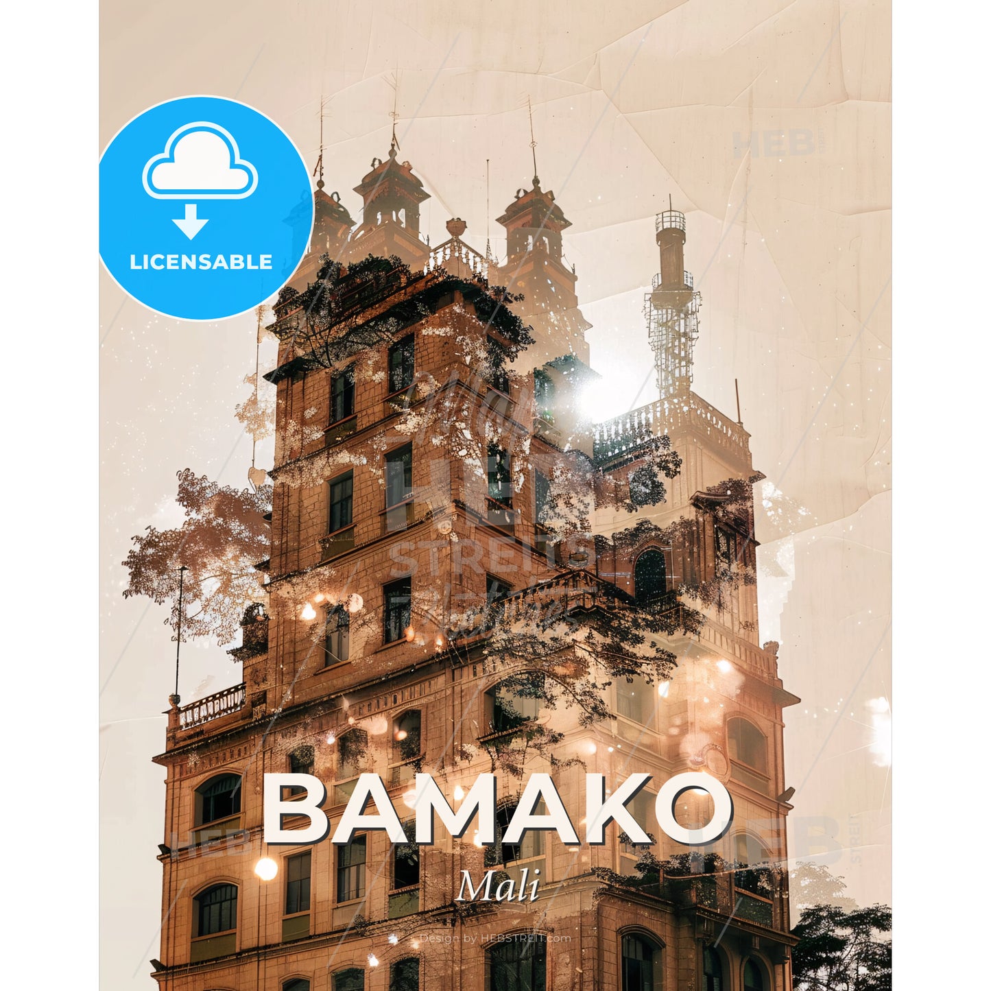 Bamako Mali Skyline Composite Art Poster - A building with a tree on top - Square format print template