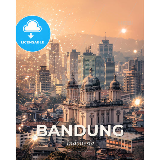 Bandung City Skyline Bright Beige Poster Art - A city with many lights - Square format print template
