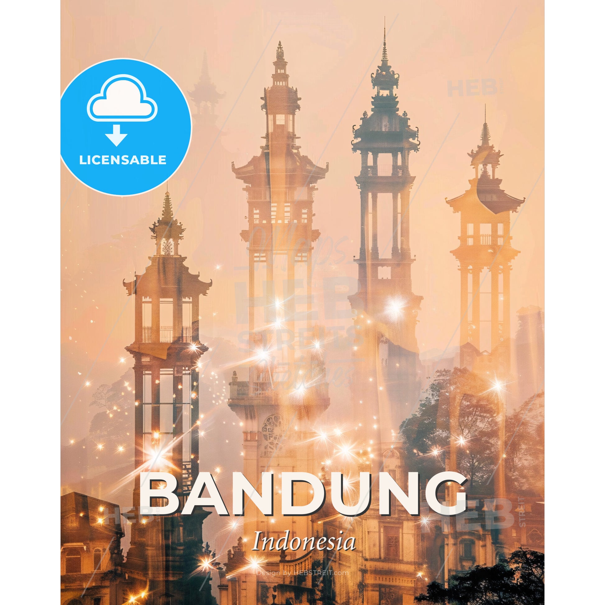 Bandung Skyline Double Exposure Art Poster - A group of tall buildings with towers and lights - Square format print template