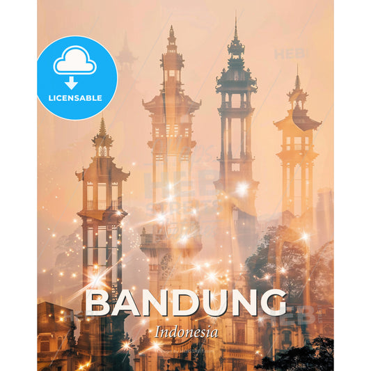 Bandung Skyline Double Exposure Art Poster - A group of tall buildings with towers and lights - Square format print template