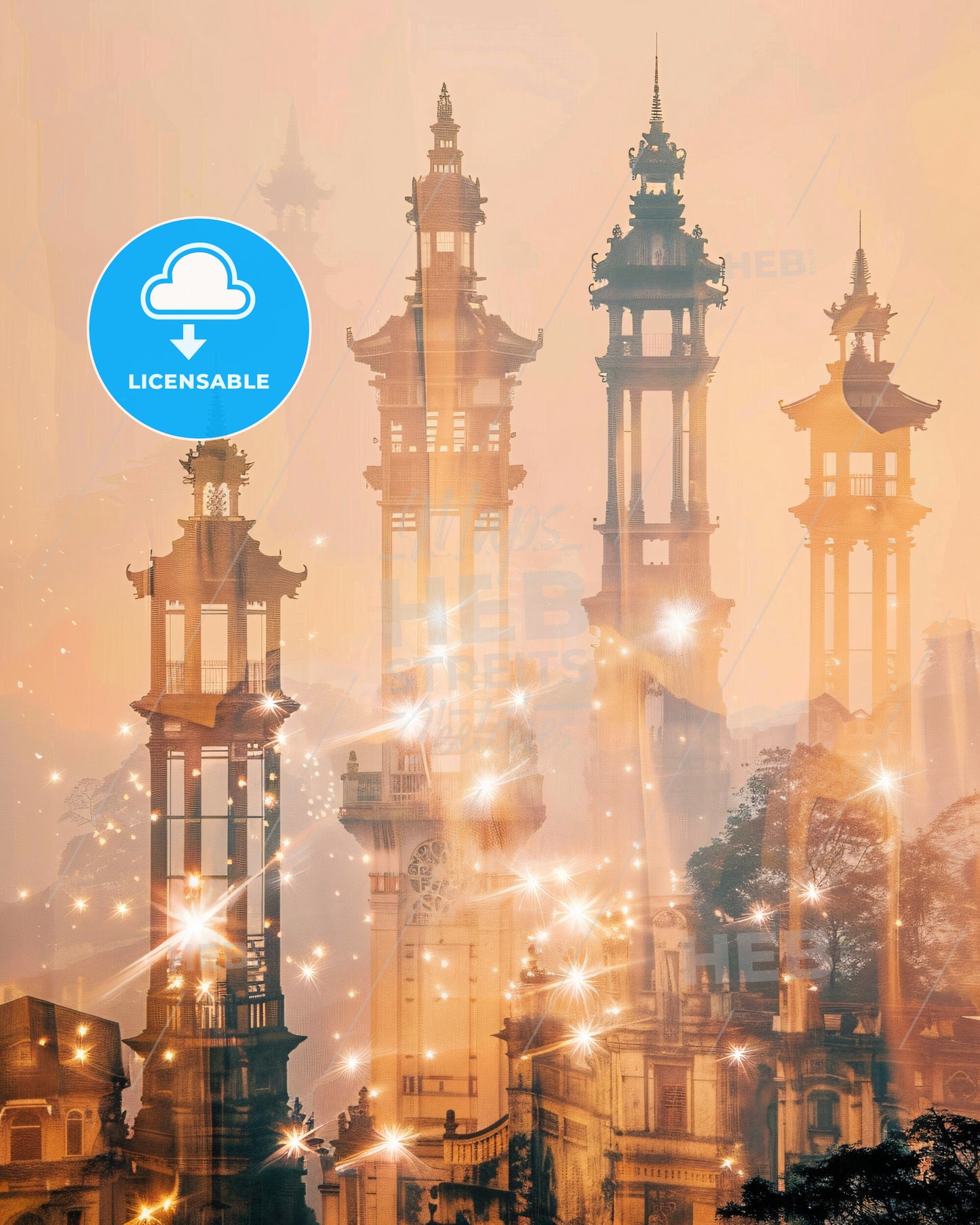 Bandung Skyline Double Exposure Art Poster - A group of tall buildings with towers and lights