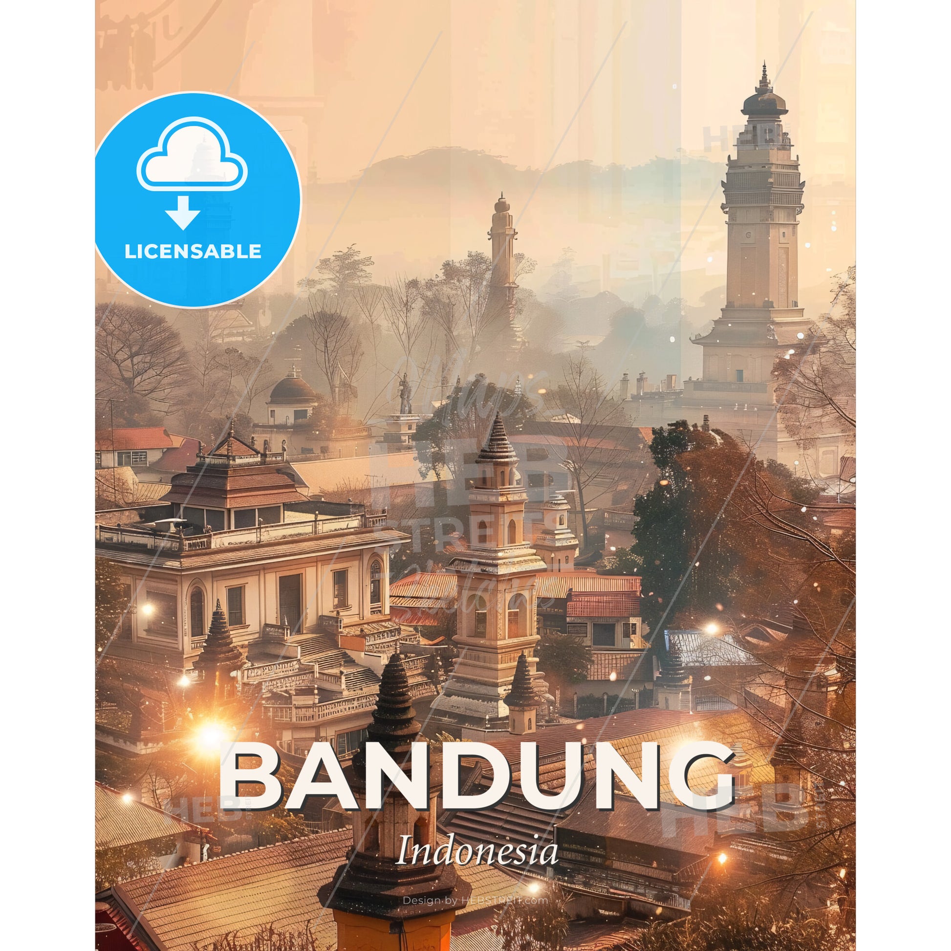 Bandung Skyline Double Exposure Art Print - A city with towers and trees - Square format print template