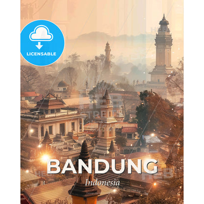 Bandung Skyline Double Exposure Art Print - A city with towers and trees - Square format print template