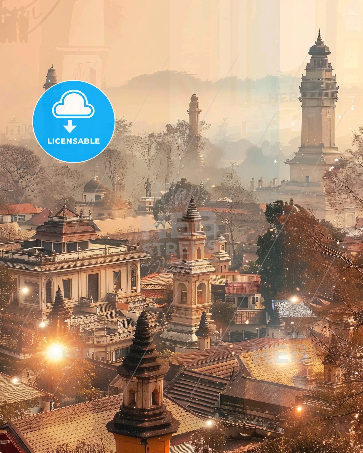 Bandung Skyline Double Exposure Art Print - A city with towers and trees