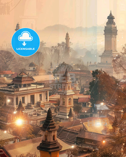 Bandung Skyline Double Exposure Art Print - A city with towers and trees