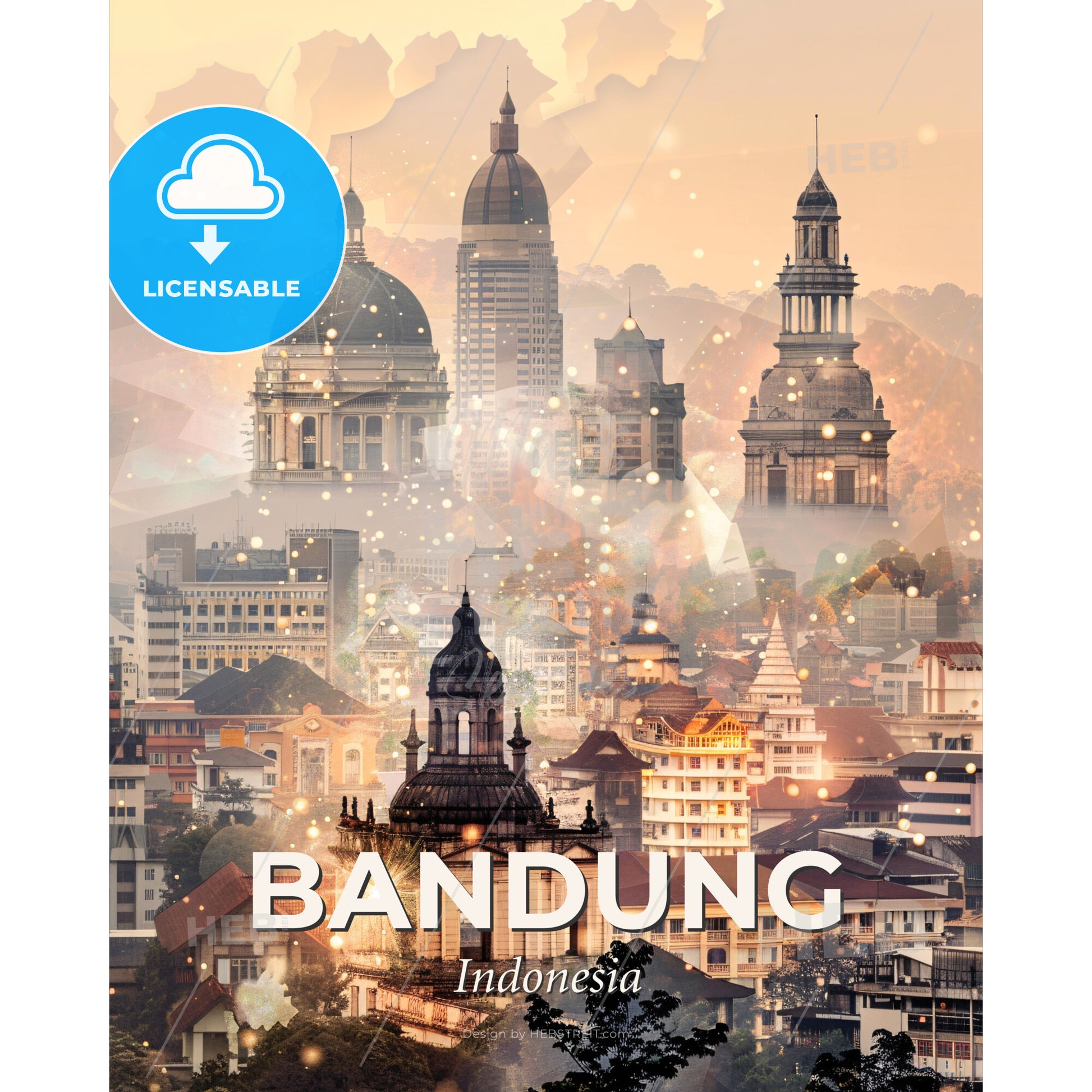 Bandung Skyline Double Exposure Art Print - A city with many buildings - Square format print template