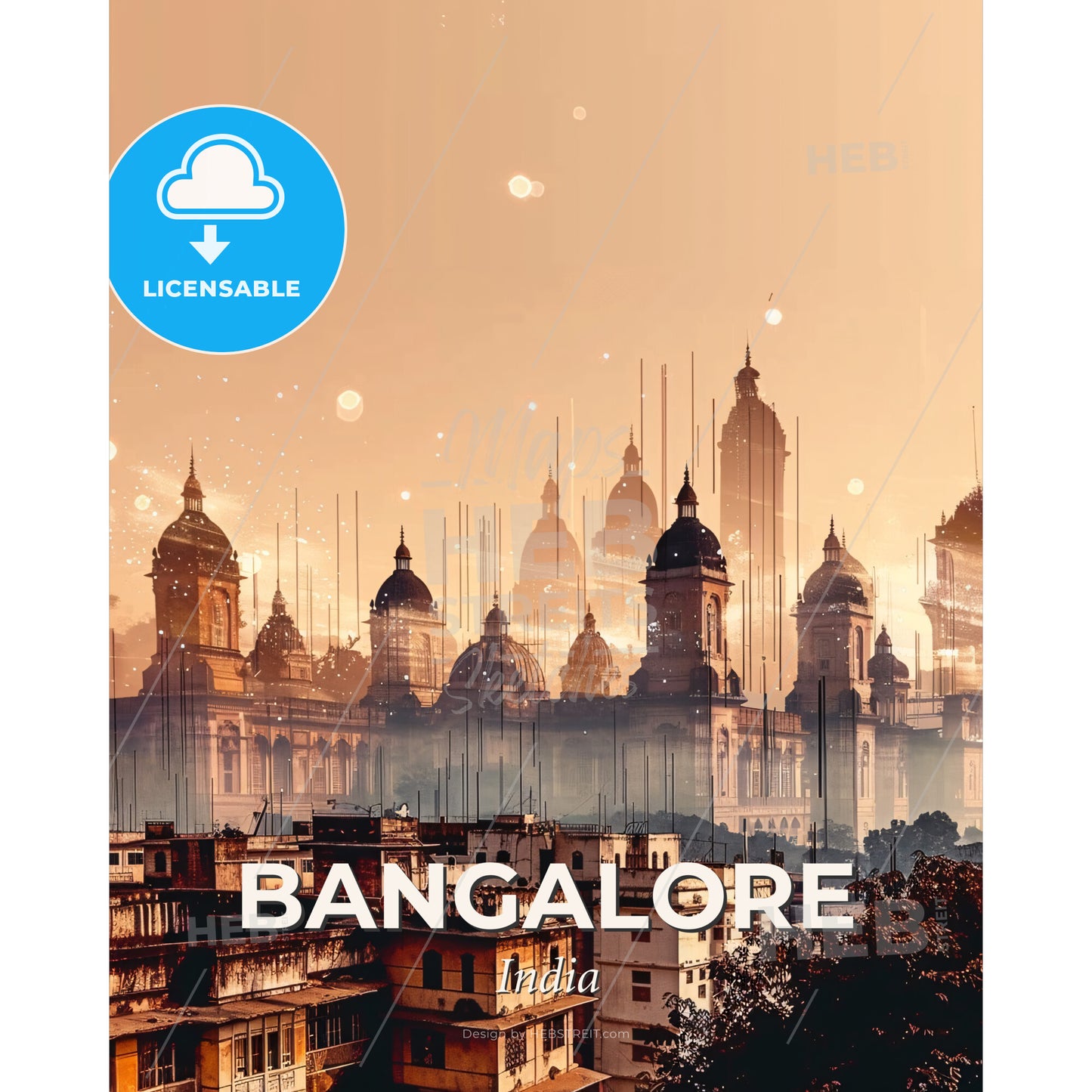 Bangalore City Skyline Double Exposure Poster Art - A city with many towers and domes - Square format print template