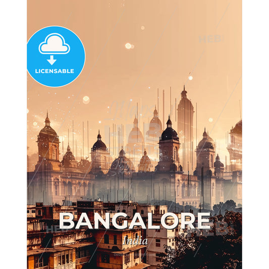 Bangalore City Skyline Double Exposure Poster Art - A city with many towers and domes - Square format print template