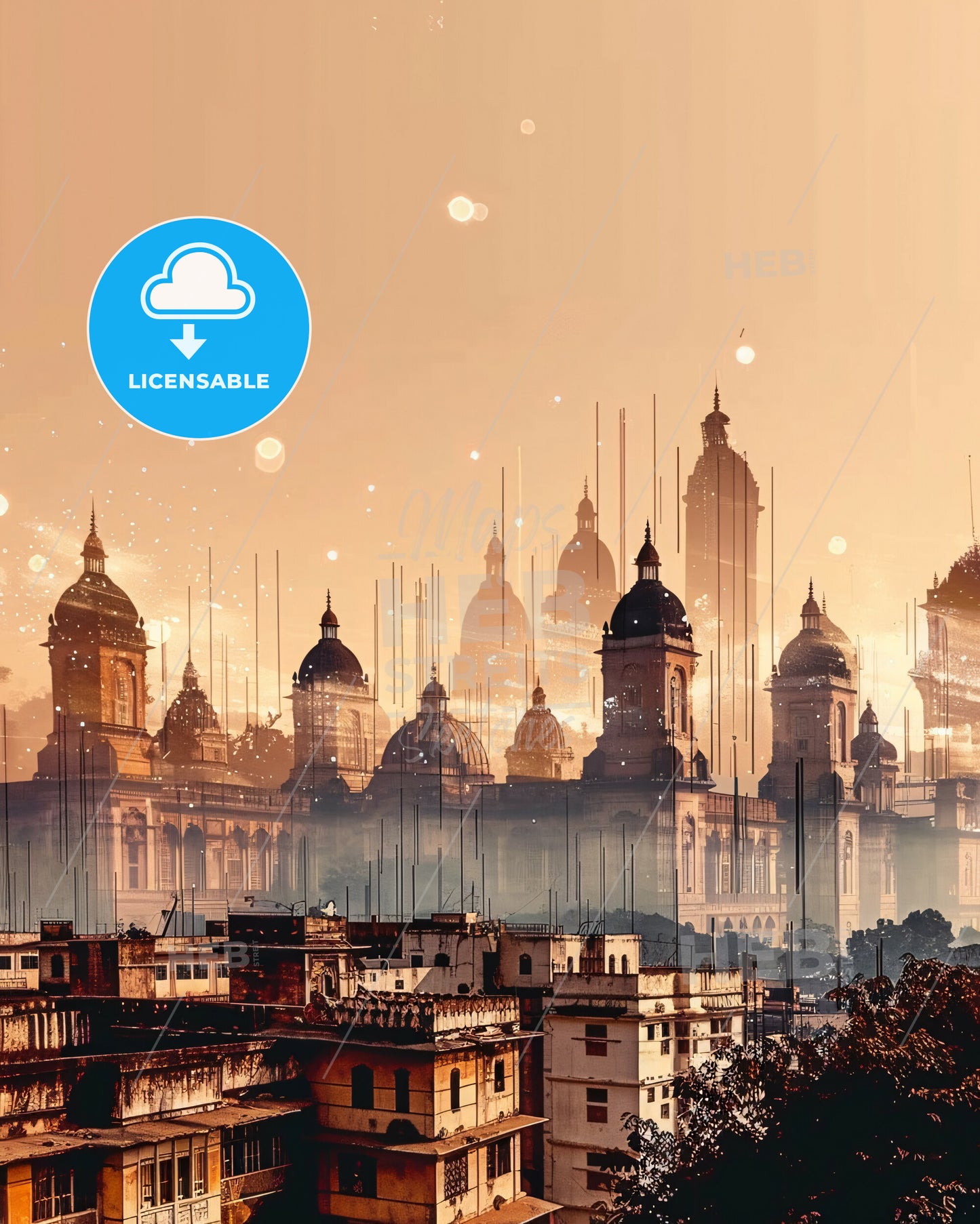 Bangalore City Skyline Double Exposure Poster Art - A city with many towers and domes