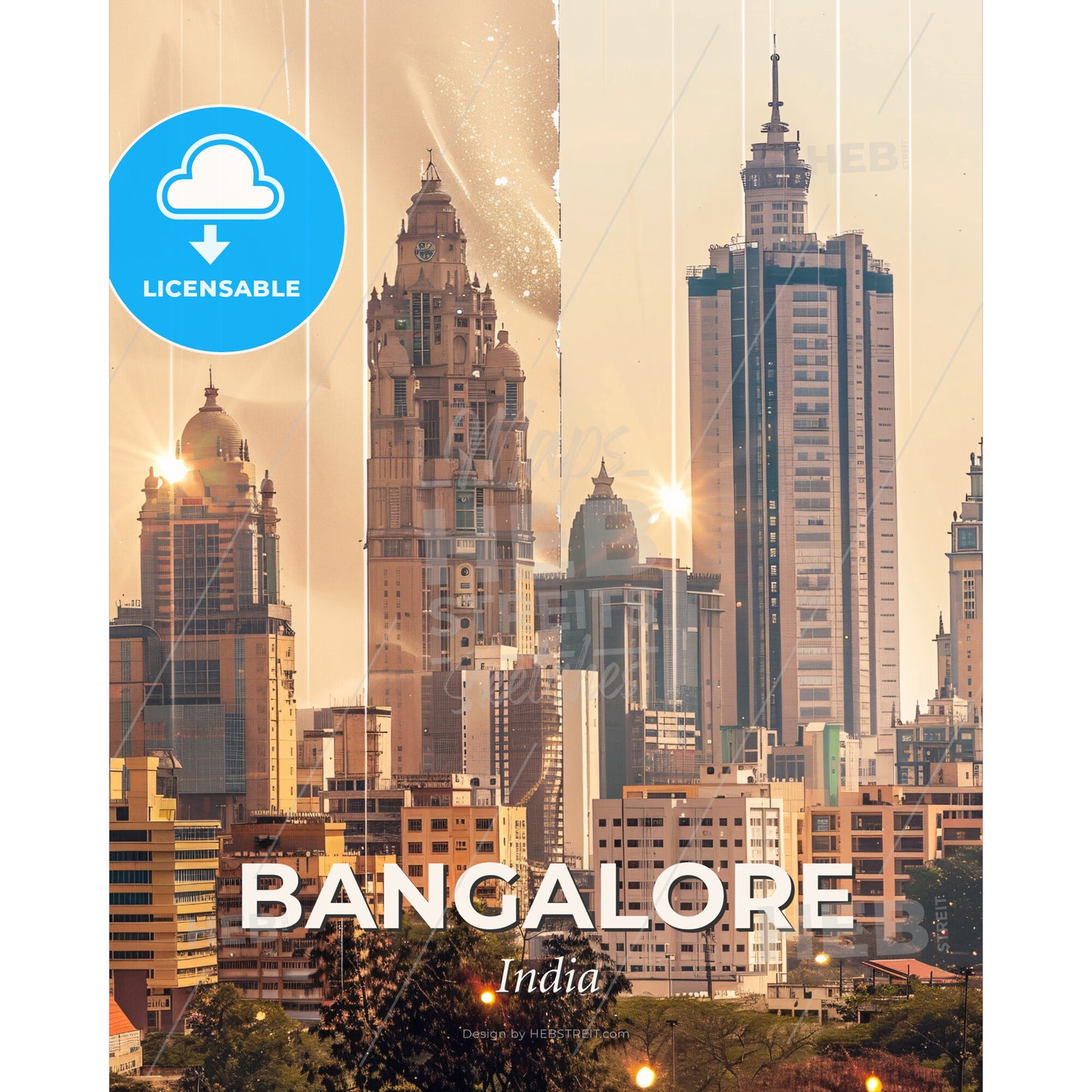 Bangalore Skyline Double Exposure Art Composite - A city skyline with many tall buildings - Square format print template