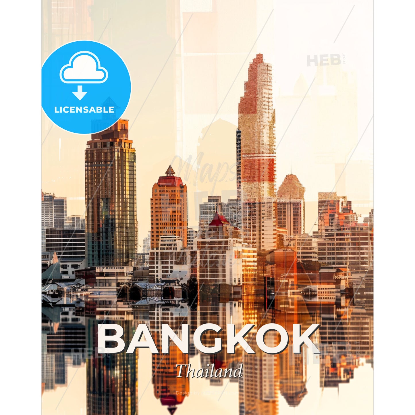Bangkok Skyline Double Exposure Art Print - A city skyline with water reflection - Square format print template
