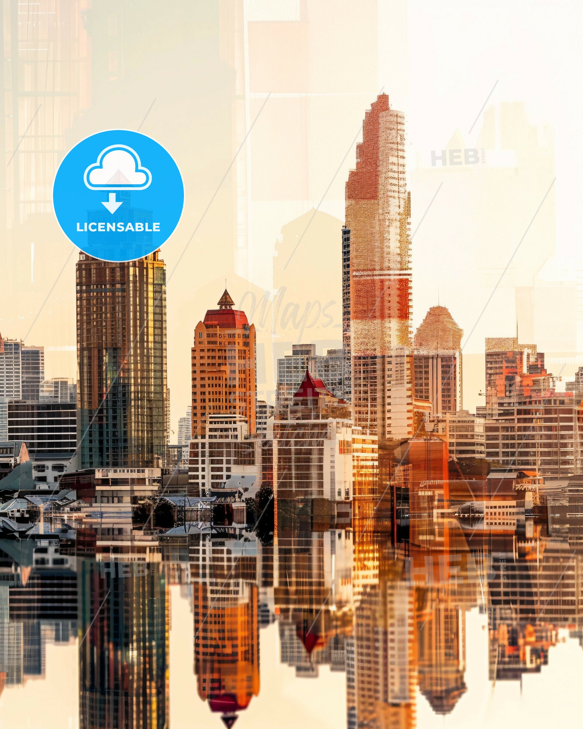 Bangkok Skyline Double Exposure Art Print - A city skyline with water reflection