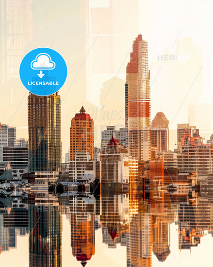 Bangkok Skyline Double Exposure Art Print - A city skyline with water reflection
