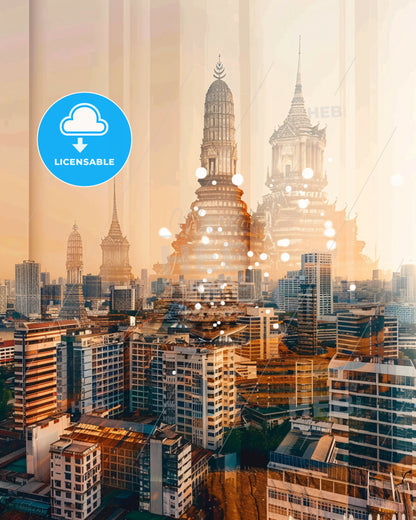 Bangkok Art Deco Skyline Vista Poster - A city with many tall buildings