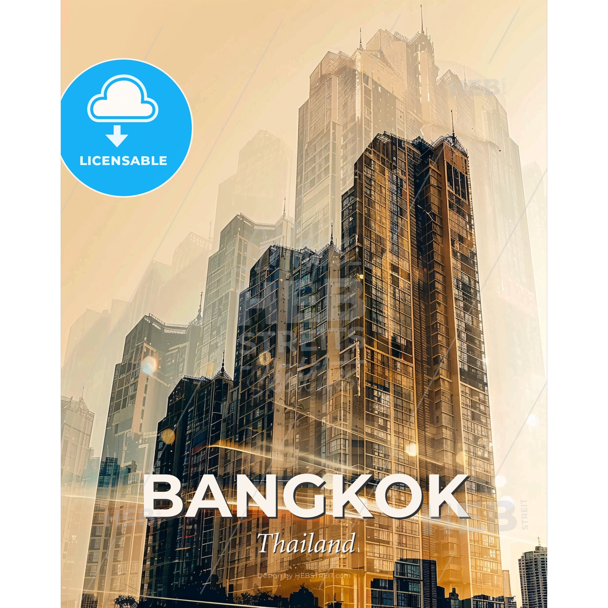 Bangkok Skyline Poster Art: Local Icons on Beige - A city skyline with many tall buildings - Square format print template