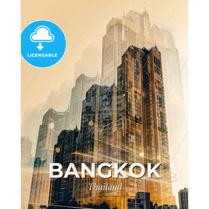 Bangkok Skyline Poster Art: Local Icons on Beige - A city skyline with many tall buildings - Square format print template
