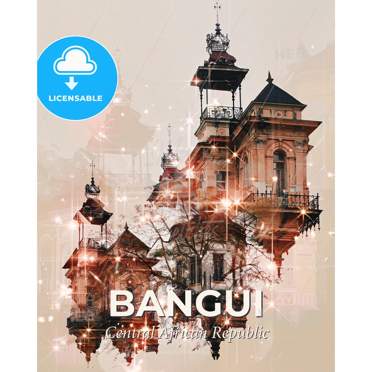 Bangui City Skyline Poster Vibrant Local Icons - A building with many windows - Square format print template
