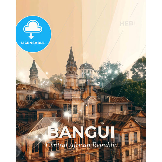 Bangui Skyline City Poster Art - A group of buildings with trees and lights - Square format print template