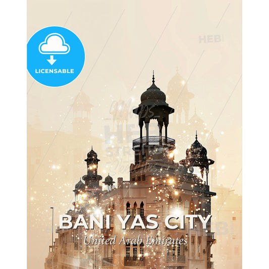 Bani Yas City Skyline Art: Beige Paper Background - A building with many towers and a tower with a tower and a tower with a tower and a tower with a tower and a tower with a tower and a tower with a tower and a tower with - Square format print template