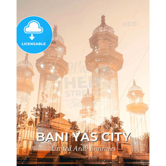 Bani Yas City Skyline Double Exposure Art - A tall towers with towers and towers with a light effect - Square format print template