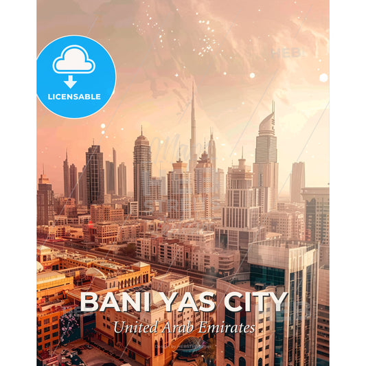 Bani Yas City Skyline Art Composite Poster - A city skyline with many tall buildings - Square format print template