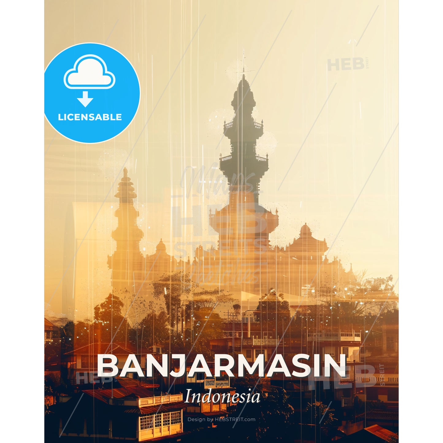 Banjarmasin Skyline Double Exposure Poster Art - A building with a tower - Square format print template
