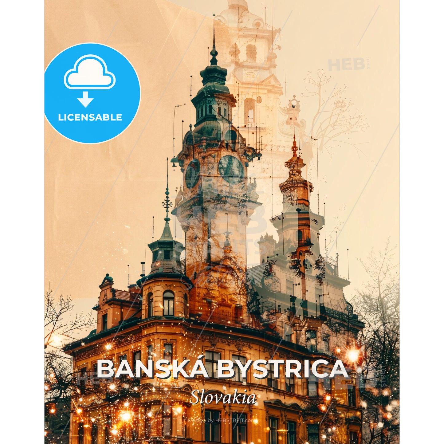 Banska Bystrica Skyline Double Exposure Art Print - A building with a clock tower - Square format print template