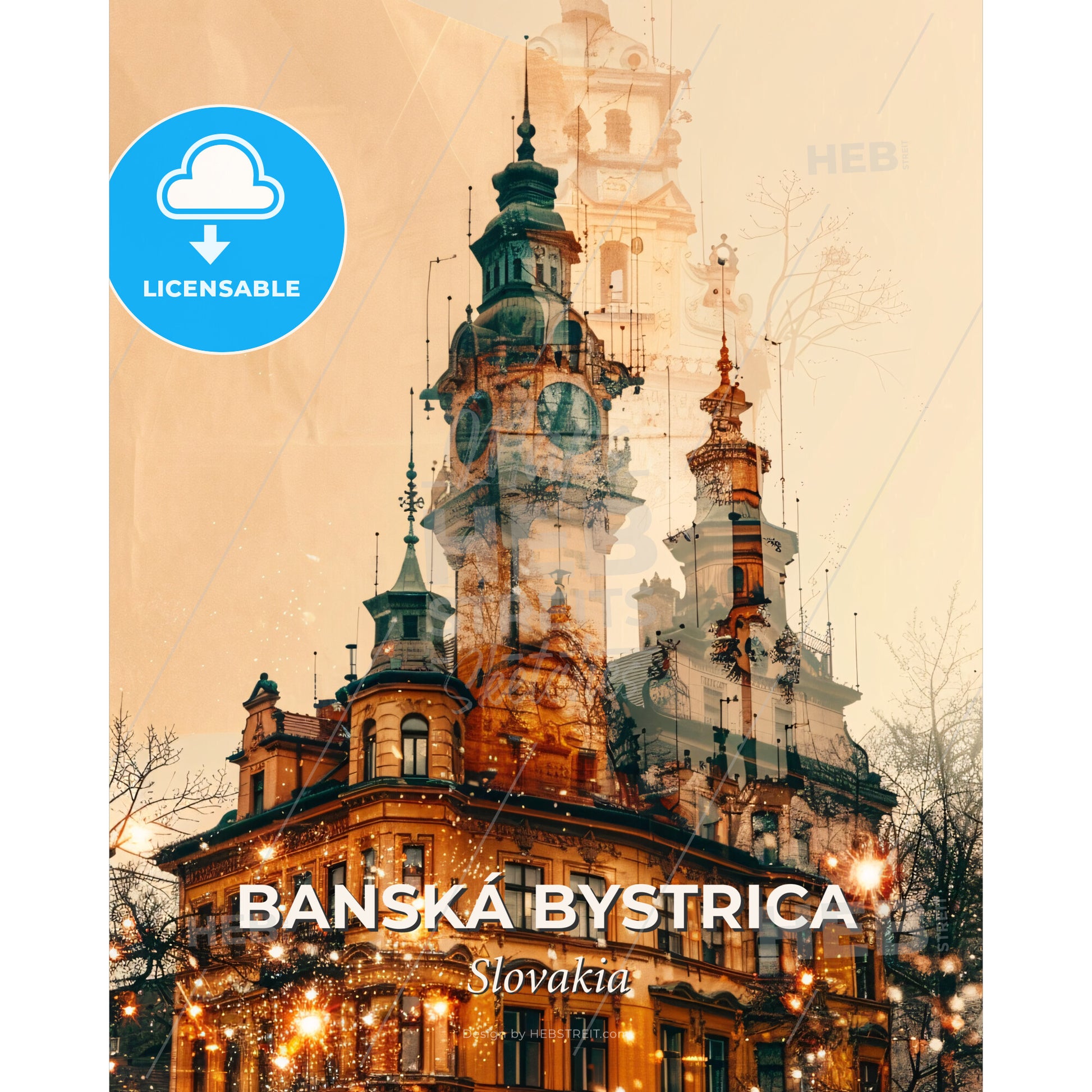 Banska Bystrica Skyline Double Exposure Art Print - A building with a clock tower - Square format print template