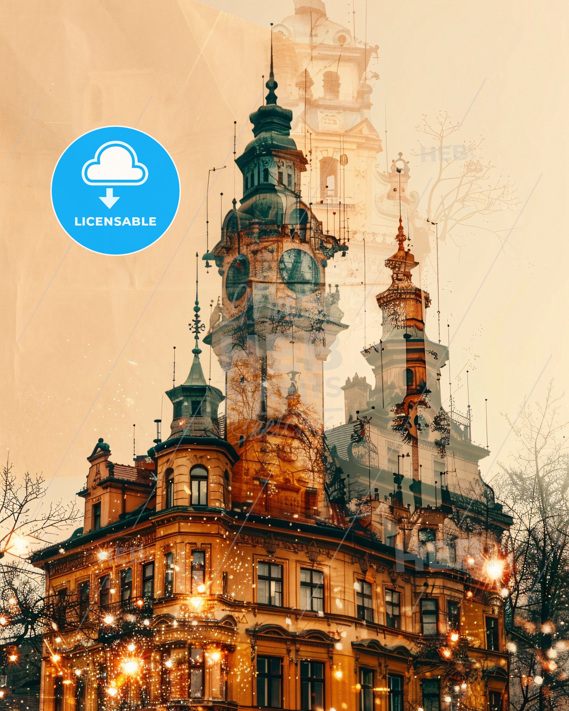 Banska Bystrica Skyline Double Exposure Art Print - A building with a clock tower