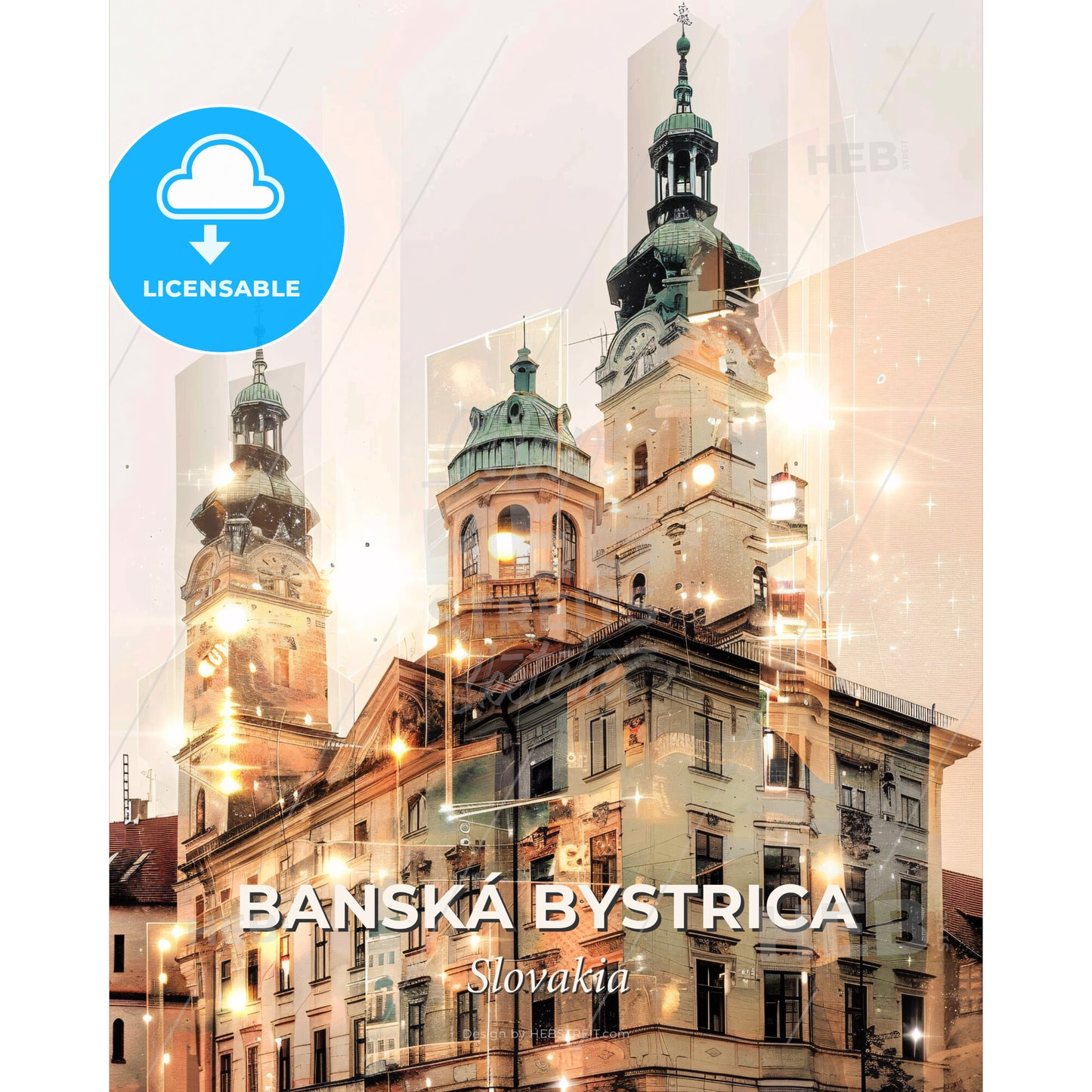Banska Bystrica Cityscape Composite Skyline Art Poster - A building with towers and lights - Square format print template
