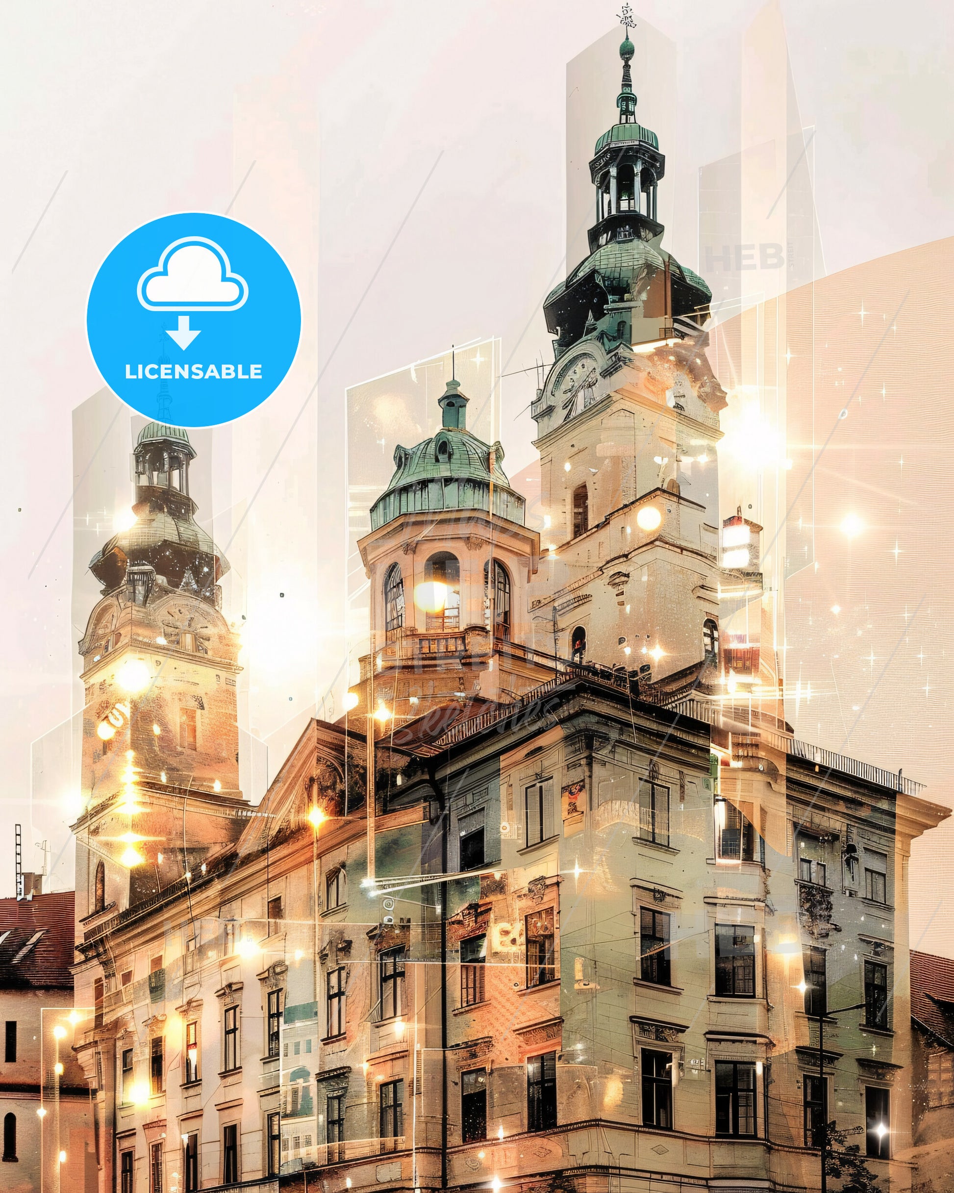 Banska Bystrica Cityscape Composite Skyline Art Poster - A building with towers and lights