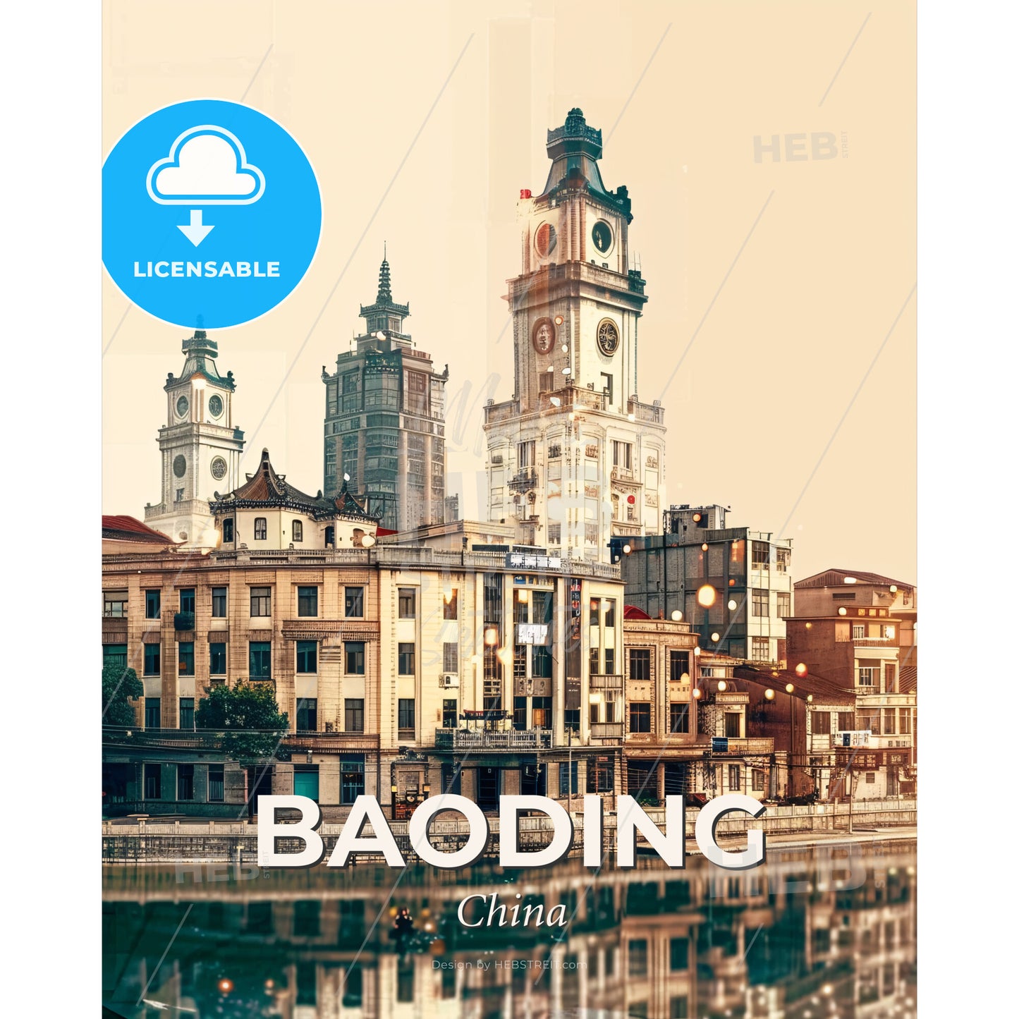 Baoding City Skyline Night Panorama - A city with a clock tower - Square format print template