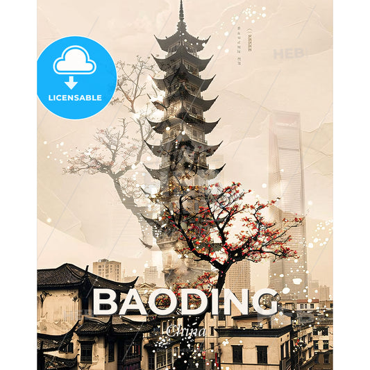 Baoding City Skyline Double Exposure Poster Art - A tree with red flowers in front of a tall building - Square format print template