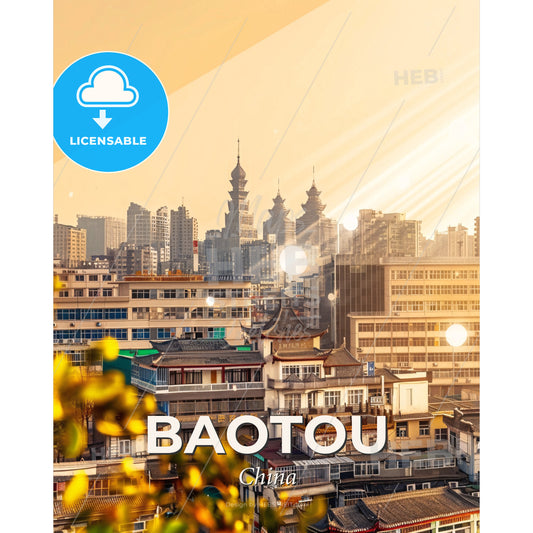 Baotou Skyline Sparkles Double Exposure Art Poster - A city with buildings and sun rays - Square format print template