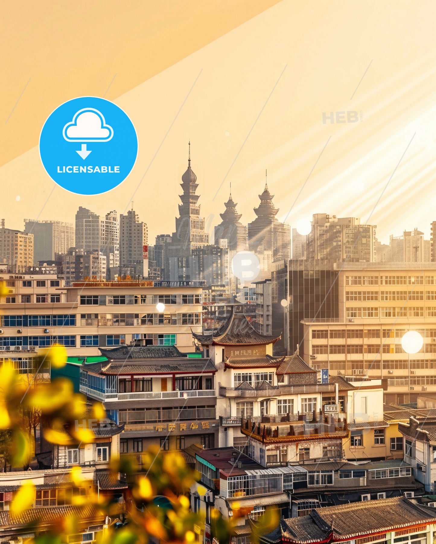 Baotou Skyline Sparkles Double Exposure Art Poster - A city with buildings and sun rays