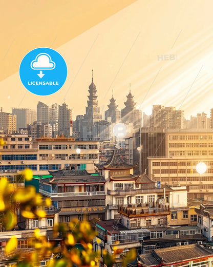 Baotou Skyline Sparkles Double Exposure Art Poster - A city with buildings and sun rays