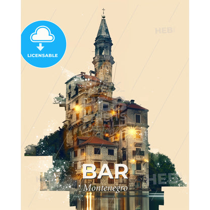 Bar Montenegro Skyline Night Composite Poster - A building with a tower and a tower - Square format print template