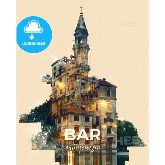 Bar Montenegro Skyline Night Composite Poster - A building with a tower and a tower - Square format print template