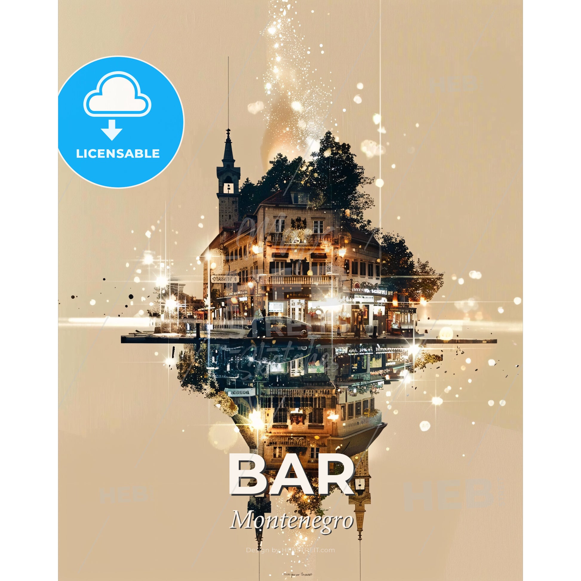 Bar, Montenegro: Cityscape Art Composite - A building with trees and a tower on the water - Square format print template