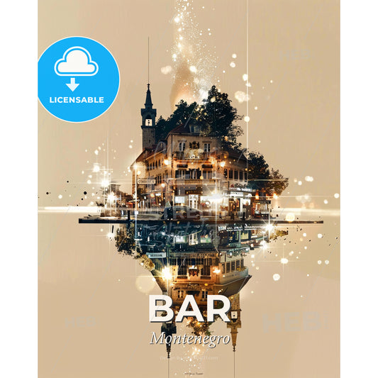 Bar, Montenegro: Cityscape Art Composite - A building with trees and a tower on the water - Square format print template