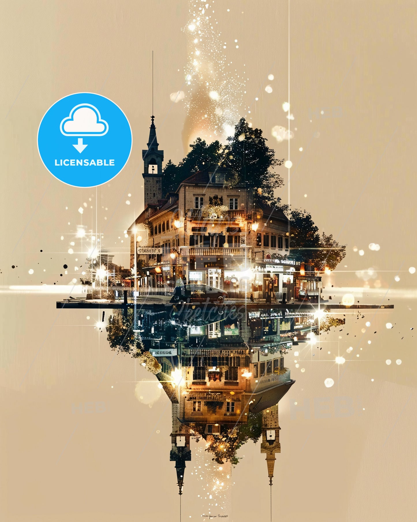 Bar, Montenegro: Cityscape Art Composite - A building with trees and a tower on the water