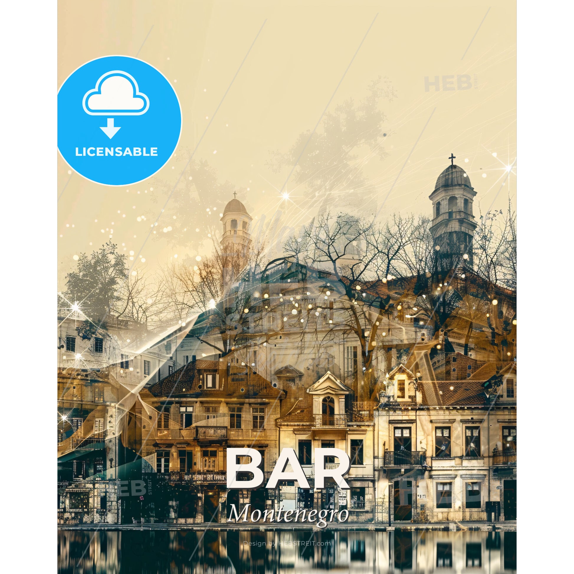 Bar, Montenegro: City Canvas of History, Art, and Spirit - A group of buildings with trees and stars - Square format print template
